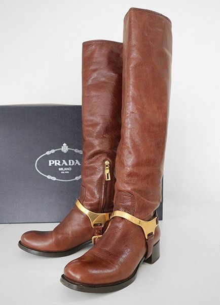 PRADA ◆ кожа   длинный   ботинки   золотой  металлическая арматура  36 1/2 ( около 23.5cm)  коричневый  ... лошадь   ботинки  ... ключ  ботинки  ... ◆268/ R3-1