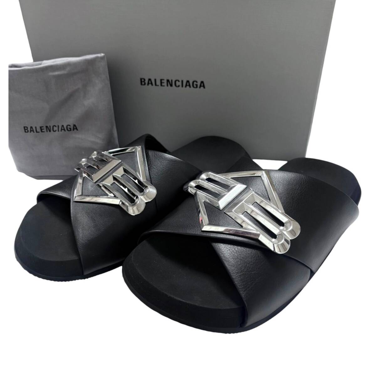 новый товар   неиспользуемый   Balenciaga  BALENCIAGA  сандалии  ... комплект    плоский  BB  металлический    планка   кожа  828478 SUNSET FLAT BB 43 28.5cm  черный