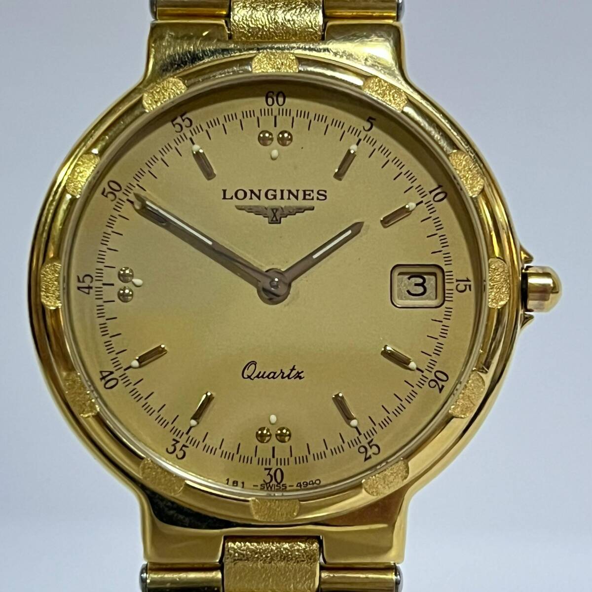 ■ 1  йен ~【 рабочий  】... LONGINES ... CONQUEST Ref.161-4940 Cal.161.4 QZ  мужские наручные часы    золотой  циферблат   день  ... L182303