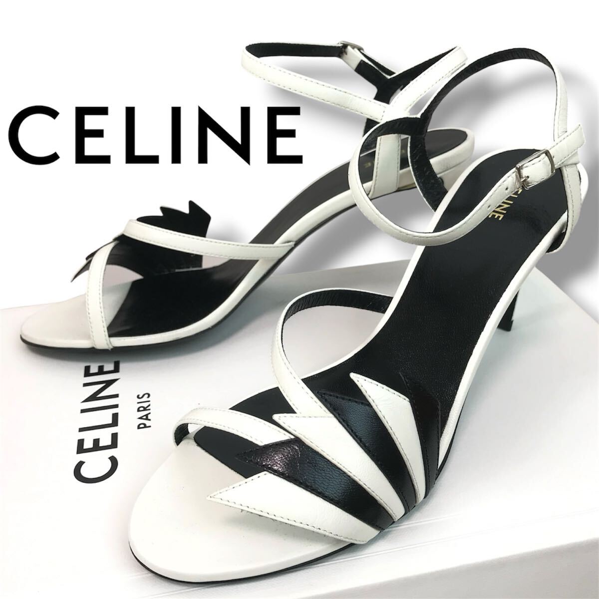 s85  новый товар   неиспользуемый  CELINE  Celine   кожа   сандалии  ... ремень   белый   черный  ... каблук 　 натуральная кожа  ...  подлинный товар